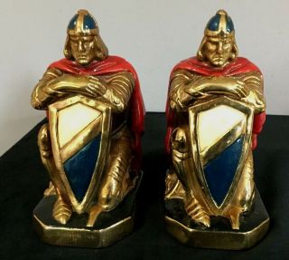 Antique Arts And Crafts Bronze Cold Painted Crusader Bookends