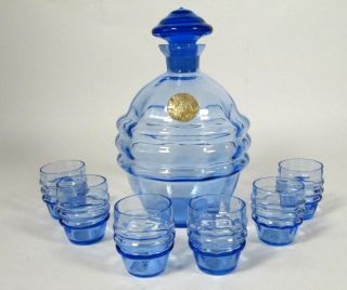 Antique Bohemian Czech Art Deco 1930s Blue Decanter Liquor Glass Set 6 Tumblers