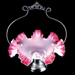 Antique Victorian Mount Washington Pink Ruffled Art Glass Brides Bowl Basket