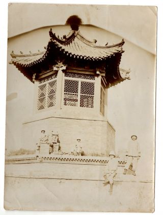 1900s China Chinese Pagoda / Temple W/ Foreign Soldiers Photo Peking ? War