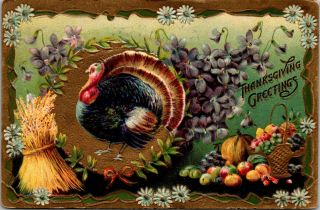Vintage 1910 Full Turkey With Fruit,  Happy Thanksgiving Greetings Post Card