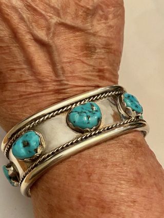 Vintage Old Pawn Navajo Turquoise Nugget Sterling Silver Cuff Bracelet 75.  6 Gr