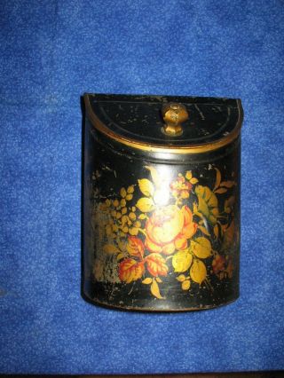 Folk Art Painted Tin Toleware Tea Spice Bin Floral Glass Knob Flour Salt Rice