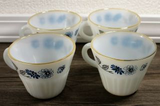 4 Vintage Termocrisa Milk Glass Coffee Cups Mexico Blue Floral Pattern