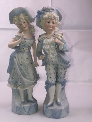 Pair Antique German Bisque Figurines 12.  5” Boy & Girl In Blue