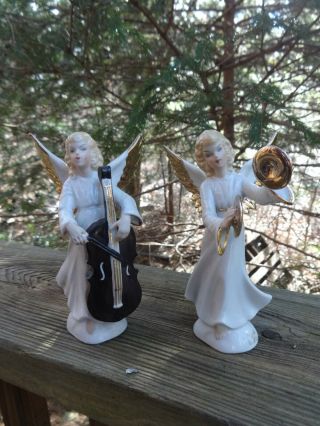 Set Of 2 Vintage Porcelain 5 1/2 " Angels Playing Musical Instruments Figurines