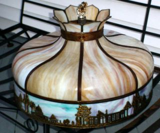 Large Antique Curved Slag Glass Chandelier With Scenic Buildings W/ Cresent N/r