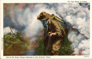 Vintage Military Postcard Wwii Us Soldier Gas Mask In Action Great Graphics Pb4