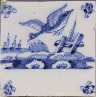 Dutch Delft Blue Tile,  Bird In Landscape With Ships,  Ca.  1800.