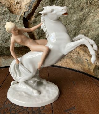 Vintage Schaubach - Kunst German Porcelain Figurine Of Nude On White Horse,