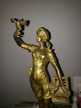 Antique,  Vintage Woman With Birds In Hands With Basket Bronze Statue L.  Gillemin