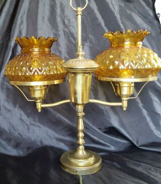 Vintage Brass Double Student Oil Lamp W/amber Glass Quilted Shades Electrified