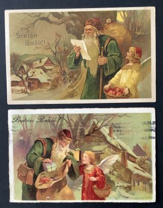 Vintage Santa Postcards (2) Green Robes Angels W/baskets " Sretan Bozic " Croatian