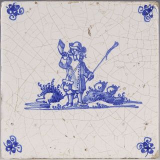 Dutch Delft Blue Tile,  Shepherd With Horn In Landscape With Sheep,  Ca.  1700.