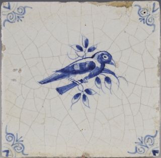 Dutch Delft Blue Tile,  Bird On A Branch,  Mid 17th.  Century.