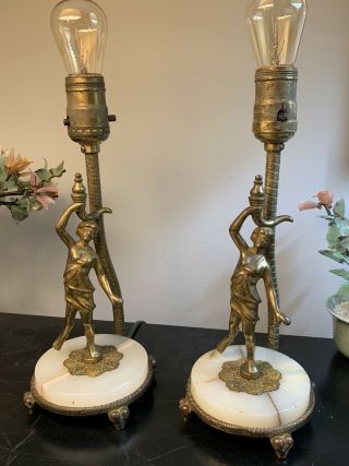 Pair Art Deco Cast Metal Bronze Brass Finish Nude Lady Figural Lamps Vintage