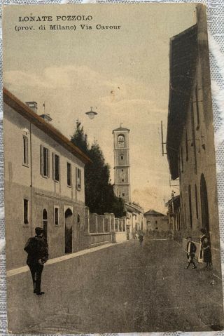 Lonate Pozzolo Old Postcard Italy Street Scene And Bell Tower