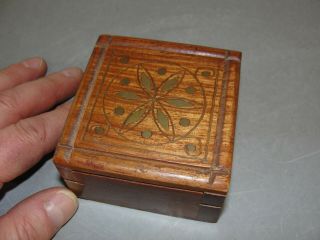 Hand Carved Inlaid Inlay Brass Teak Wood Wooden Trinket Ring Box Starburst Star