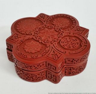 Fine Vintage Chinese Republic Carved Red Cinnabar Lacquer Wood Lidded Floral Box