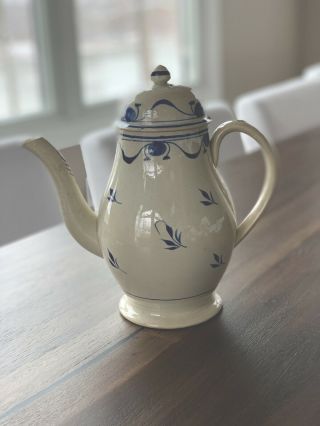 Antique Creamware Coffee Pot Teapot Blue & White Brush Stroke Pattern 9 1/2 " H