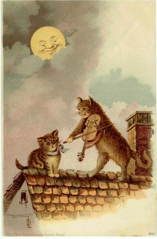 Dl Or Ld Artist Signed Old Postcard Anthropomorphic Cats On Roof & Violin 1900