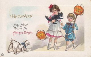 Old Vintage Halloween Postcard May Your Future Be Always Bright Children Cat Dog