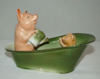 Antique German Pink Pigs Figurines Pig With Bear In A Bathtub Big Rare 5 3/4 "