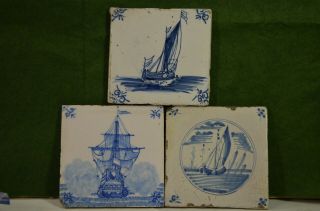 3 Delft Antique Blue & White Tiles,  Each Showing A Ship,  5 