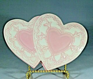 Vintage Pink And White Double Heart Porcelain Ceramic Dresser Trinket Box