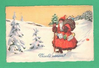Vintage Czech Christmas Postcard Santa Claus Sack Toys Staff Snow Fir Trees