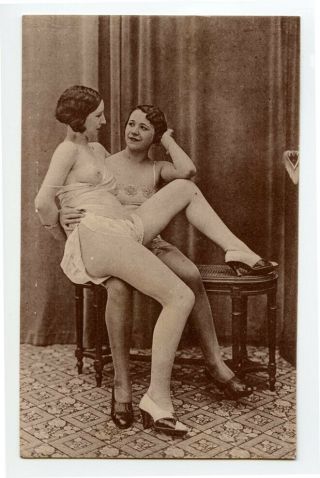 C 1930 Vintage Risque Nude French Flapper Pair Roto Photo Postcard