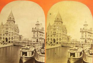 1875,  Erie Canal,  Downtown Syracuse,  NY,  Salina St.  Bridge,  canal boats,  Imperial 2