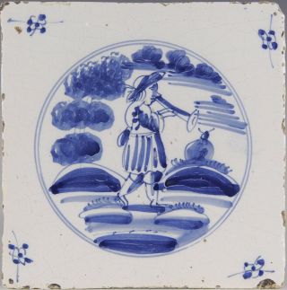 Dutch Delft Blue Tile,  Shepherd With Horn,  Circa 1800.