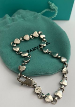 Vintage Rare Tiffany & Co Sterling Silver Heart Link 7.  25 " Bracelet And Pouch