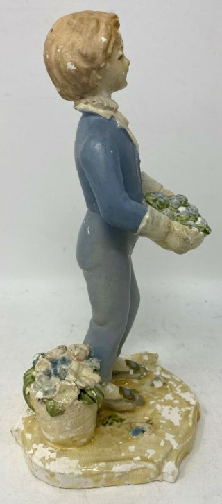 Vintage Chalkware Statue Figurine Boy 737 With Blue Flowers 3