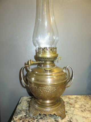 Victorian Edward Miller Ornate Brass Trophy Oil Lamp W/ Duplex Burner & Snuffer