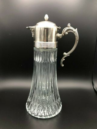 Vintage Glass Carafe Pitcher Decanter With Silver Plated Spout,  Made In Italy