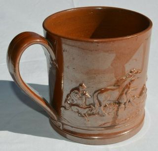 Large English Brown Stoneware Hunting Mug C.  1830s