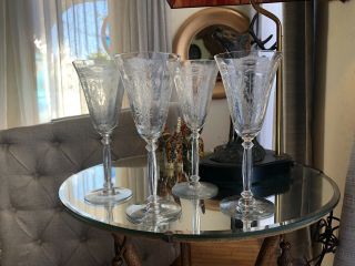 Antique Set 4 Art Nouveau 8 - 1/3 " Cut Etched Peonies Crystal Stem Wine Glasses