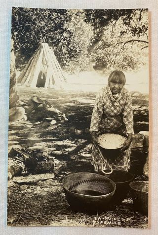 Vintage Antique Rppc Real Photo Postcard Native American Woman Basket Yosemite