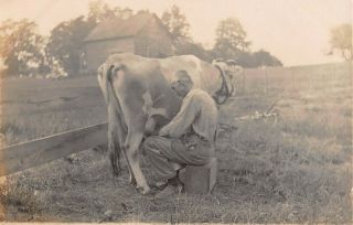 Vintage Rppc Farmer Milking Dairy Farm Cow Homestead Animal Rural Photo Postcard