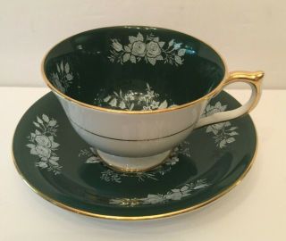 Aynsley Tea Cup & Saucer Green White Cabbage Rose Bone China England 244b
