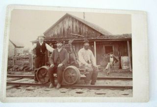 Antique Railroad Workers On Hand Car - Train Depot Cabinet Rppc Photo 6.  5 "