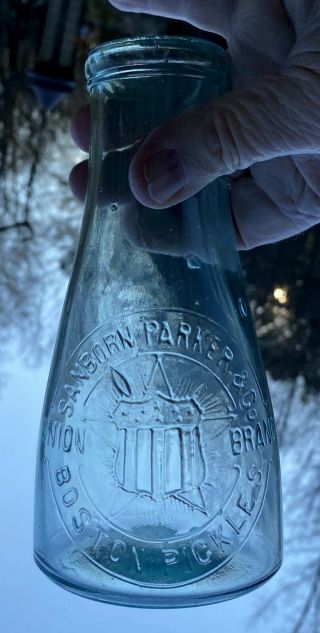 Antique Handblown Boston Pickle Bottle Ground Lip 1880 Sanborn Parker Aqua