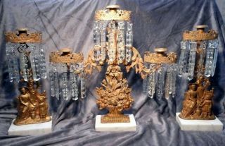 Antique 3pc Figural Girandole Gilt Bronze Brass Candle Holders W Crystal Prisms