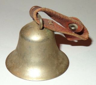 Small Old Vintage 1 3/4 " Tall Metal Bell With Faded Red Leather Strap