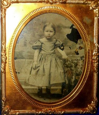 1/6th Size Tinted Ambrotype Of A Young Girl In Brass Frame/mat