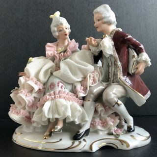 Antique German Dresden Lace Lady Man Courting Couple In Love Porcelain Figurine