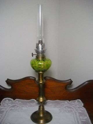 Antique Peg Lamp Green Font W/ Hand Painted Enamel Flowers 21 " Tall