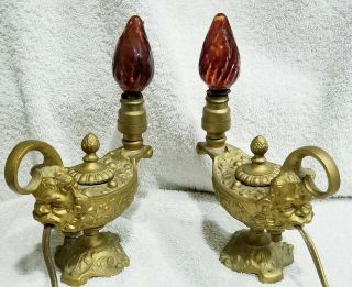 Unusual 2 Miniature Antique? Vintage Figural Griffins Magic Genie? Lamps